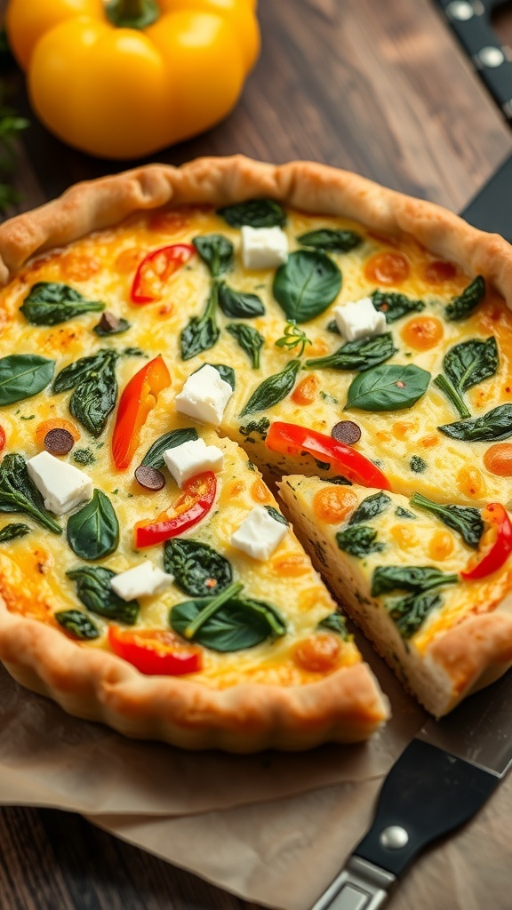 A golden brown goat cheese quiche with spinach and bell peppers, garnished with herbs, on a wooden table.